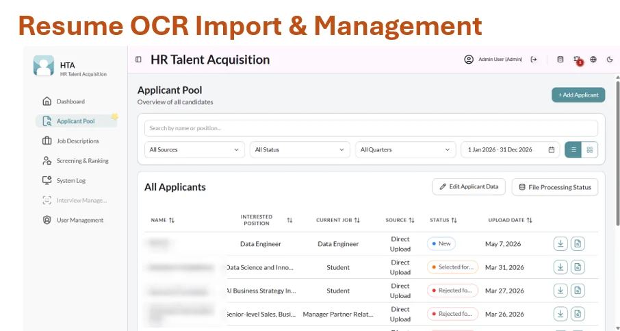Resume OCR Import & Management (ชื่อผู้สมัครถูกเบลอ)